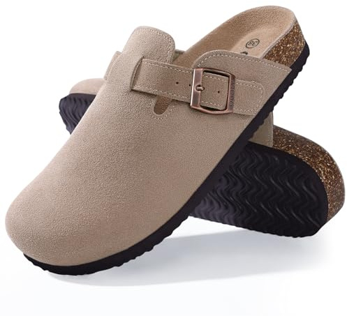 ODOLY Genuine Suede Clogs for Women Men Soft Cork Footbed Leather Mules Comfort Potato Shoes with Arch Support, Taupe 39