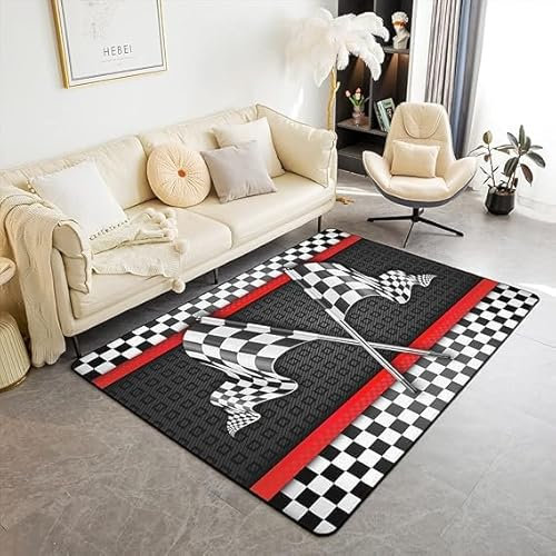 Teppich mit Rennwagen-Motiv, 12,7 x 1,8 m, schwarz-weiß karierte Flagge, dekorativer Teppich für Nachttisch, Wohnzimmer, Dekoration, rote Streifen, geometrisches Raster, kariert, rutschfest, waschbar,
