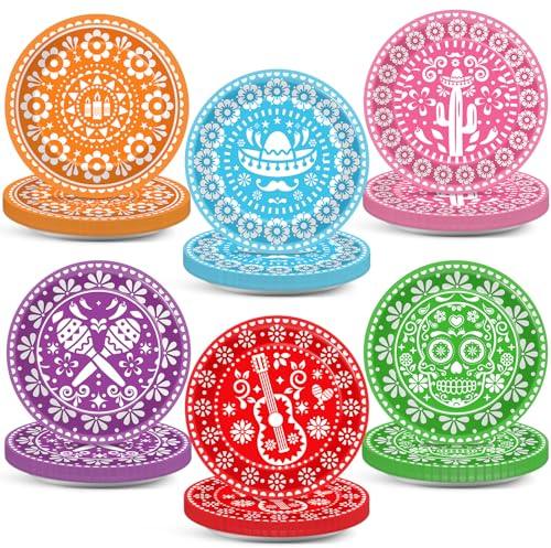 60 Stück mexikanische Fiesta-Partyteller, 17,8 cm, mexikanische Party-Dekorationen, bunt, Papel, Picado, Fiestas, Einweg-Papierschale für Cinco de Mayo, Dekor, Mexiko-Geschirr-Set, Tag der Toten
