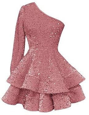 Bolodoo Robe courte à paillettes pour adolescente, rose poudré, robe de cocktail asymétrique, taille 2