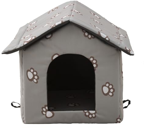 Katzenhaus Outdoor, Katzenhöhle für Draußen, Katzenhaus Für Draußen Winterfest Wasserdicht, Welpenhütte im Freien, Mit abnehmbarem Transparentem Vorhang (L, Grau-2)