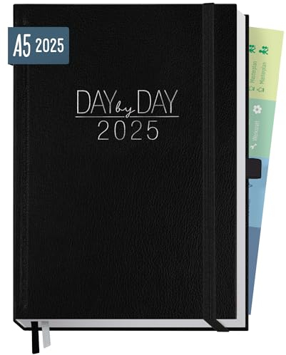 Häfft® Organizer Day by Day Deluxe 2025 A5 Schwarz 1 Tag 1 Seite - Tageskalender, Tagesplaner, Terminkalender, Terminplaner, Buchkalender - nachhaltig & klimafreundlich