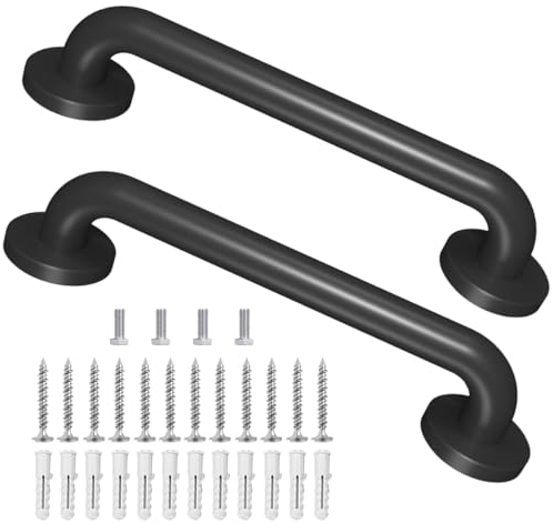 2 Pack 16 Inch Metal Industrial Handrail Grab Pipe Staircase Steps Indoor Exterior Outdoor Deck Hand Rail Safety Grab Bar (Matte Black) Handle for Stairs Bars Wall Elderly Grab Wall Mounted