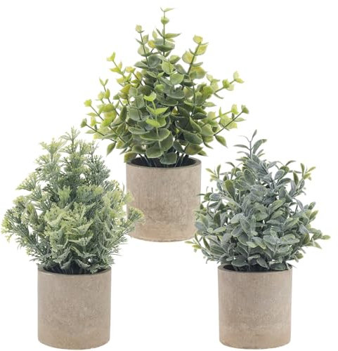 Funzhan 3 Stück Künstliche Pflanze Eingetopft Mini Dekoration mit Topf Gefälschte Eukalyptus Realistisch Lebensecht Topiary