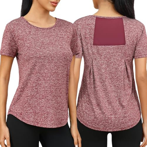 Wayleb Damen Kurzarm Sport Shirt - Leichtes Locker Laufshirt, Weich Rundhals Top Mit Atmungsaktivem Back Mesh für Fitness und Laufen, Weinrot M