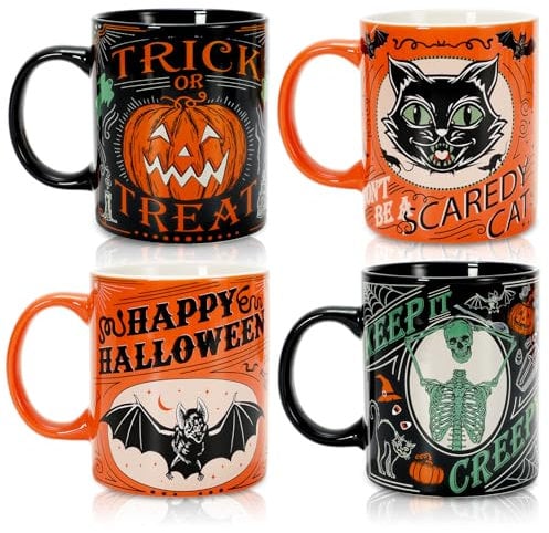 Whaline 4Pcs Halloween Mug Pumpkin Black Cat Bat Skeleton Coffee Mug Orange Black Ceramic Drinking Mugs for Halloween Party Supplies Table Centerpieces, 12oz