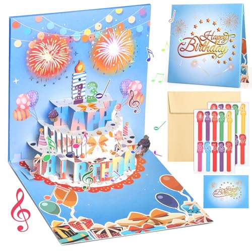 Geepen 3D Pop Up Grußkarten Geburtstag, Happy Birthday Geburtstagskarte mit Musik und Licht 3D Feuerwerk Karte Geburtstag Geschenke