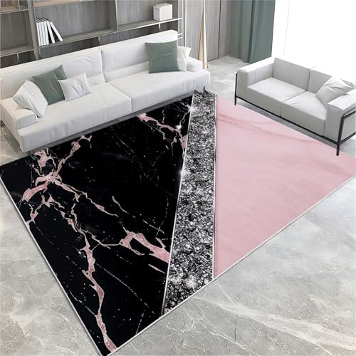 Générique Tapis de Chambre 160x230cm Marbre Noir Rose Tapis Salon Moderne à Poils Courts, Motif 3D, Haute densité de Poils et agréablement Doux Tapis de Balcon Terrasse et Couloir