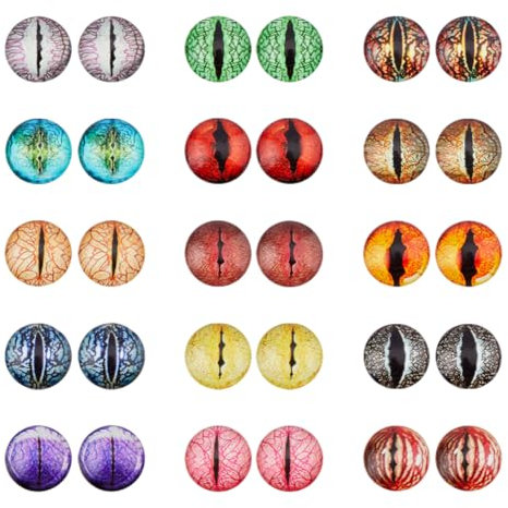 SUPERFINDINGS 30Pcs Glass Eyes Cabochon Dragon Eyes, 1.95cm Colorful Glass Eyes for Crafts, Halloween Easter Decoration, Glow in The Dark Eyes Cat Owl Bird Pupil Eyes for Doll Art Making