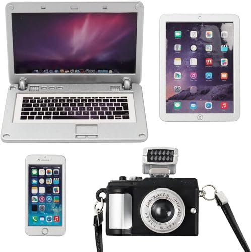 4 Stück Miniatur Laptop Set, Puppenhaus Zubehör Miniatur Laptop Tablet Telefon Kamera, Simulation Miniatur Haus Zubehör, Miniatur Wichtel Zubehör für 1:12 Puppenhaus Dekoration