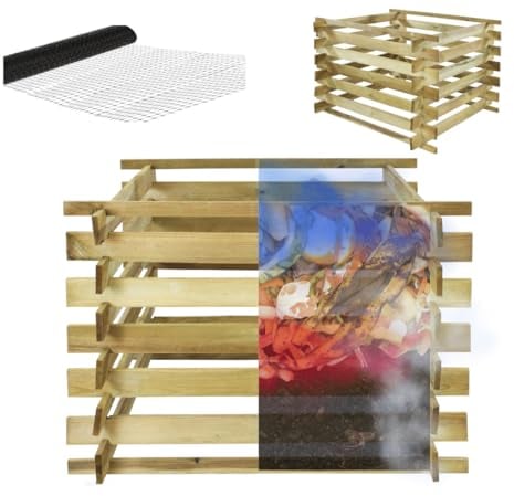 MODO24 Komposter KMP, Holzkomposter, Steckkomposter, Gartenkomposter, Druckimprägniert, Wetterfest, UV-beständig, Maulwurfgitter, Schutzgitter, Abmessungen 100x100x70 cm, Kapazität 600 l, Naturholz
