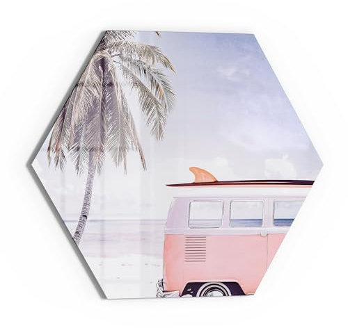 DEQORI Glas-Magnettafel | Sechseck 40x34,5 cm cm groß | Motiv Retro Strandfahrt | Memo-Board aus Glas | Magnetboard inkl. Magnete, Stift & Tuch für Küche & Büro | Tafel beschreibbar