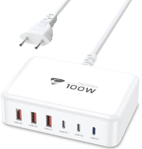 USB C Ladegerät, 100W 6-Port USB C Ladegerät Mehrfach Mit 3 USB-C und 3 USB-A, Schnellladegerät PD 3.0 Power Adapter, USB c Netzteil für iPhone 16 15 14 Pro/Pro Max, iPad, MacBook, Samsung, Handys