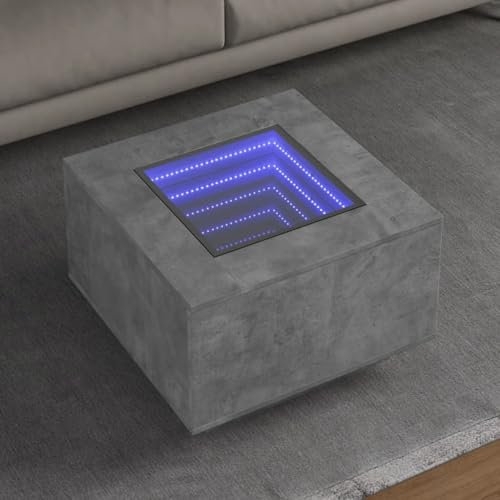 Myheimly LED Couchtisch, Beistelltisch mit LED-Infinity-Spiegel, Kaffeetisch Sofatisch für Wohnzimmer, Wohnzimmertisch,Holzwerkstoff Couchtisch Betongrau,60 x 60 x 40 cm