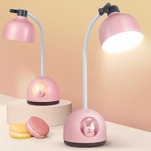 FemKey Schreibtischlampe Kinder, Dimmbar Touch LED Desk Lamp, Leselampe Wiederaufladbare USB Energiespar Augenschutz, Flexibles Arm Nachttischlampe, Tischlampe Kinder Rosa Hase