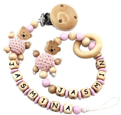 2er Set Schnullerkette & Greifling mit Namen Jungen Mädchen Personalisierte Schnullerband Holz Clip Baumwolle Schnuller Clips für Neugeboren (Rosa Teddy Set)