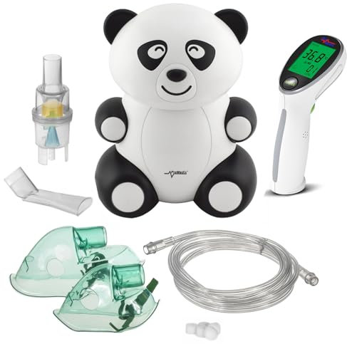 Promedix Kinder Inhalator + Infrarot-Thermometer Set | Leises Inhalergerät für die Familie | Kinderfreundliches Design, Inklusive Masken für Kinder und Erwachsene | Temperaturmessung (Panda)