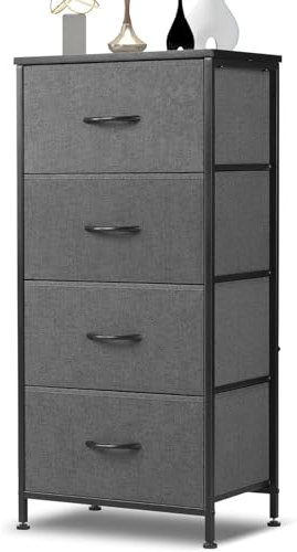 DUMOS Kommode mit Schubladen - Kommoden & Sideboards für Schlafzimmer Geeignet, Komodenschrank mit 4 Schubladen, Stoffkommode mit Stabilem Stahlrahmen, Ideal für Schlafzimmer, Wohnzimmer (Grau)