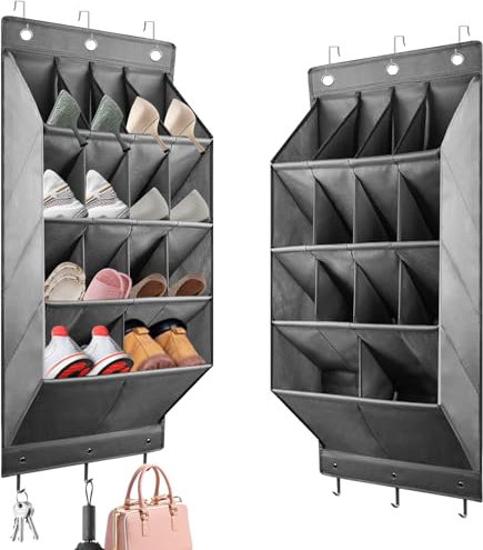 bssmmai Schuhregal Tür, Schuhregal Hängend, Schuh Organizer Hängend mit 6-Haken, Schuhaufbewahrung Tür mit 14 Tiefen Taschen für Schuhe, Wohnaccessoires Usw (Grau)
