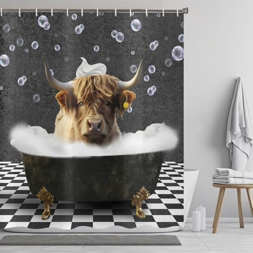 ASDCXZ Lustig Kuh Duschvorhang 180x200 cm, Rustikal Niedlich Hochlandkuh Vintage Bauernhaus Tier Wildtier Wasserdicht Badvorhang Polyester Textil Waschbar Duschvorhänge für Badewanne mit 12 Haken