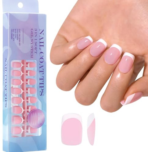 DMQ French False Nails Short, 300Pcs Square Press On Nails Kit, Nude Pink French Fake Nails with White Tip, Full Cover Stick on Nail with Glue for Women Girls DIY Manicure Decorations - 15 Sizes