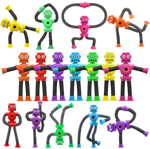 16PCS Suction Cup Robot Toy, Shape Changing Telescopic Pop Tubes Sensory Toy, Funny Robot Action Figure Bendable Fidget Toy Gift Birthday Party Favors Christmas
