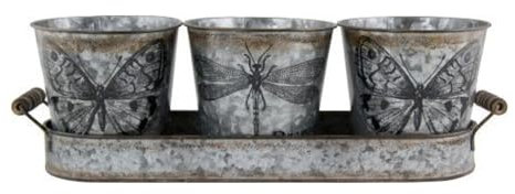 Fyne-Finds Set of 3 Grey Tin Plant Pots in Tray Butterfly Theme Vintage Indoor Outdoor Shelfsitter Metal Planter With Saucer