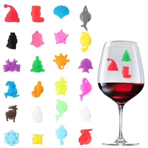 Aohyue 24 Pezzi Marcatori per Bicchieri da Vino, Segnabicchieri in Silicone, Segna Bicchiere Riutilizzabili, per Cocktail Champagne Bicchieri Vino, Ideale Natalizi Feste Bar Matrimoni