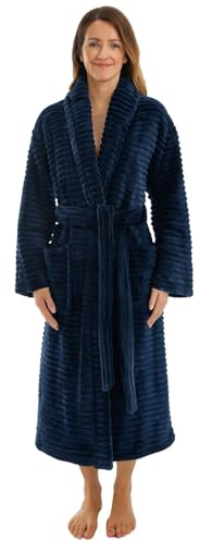 Adore Home Ladies Sherpa Lined Ribbed Fleece Robe | Ribbed fleece outer with soft sherpa lining, hood, tie belt and pockets for extra warmth at home