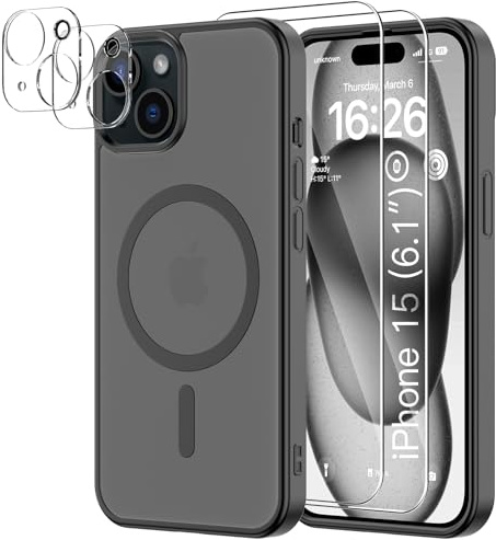 YNMEacc 5 in 1 Magnetic for iPhone 15 Case 6.1-Inch with 2X Screen Protector + 2X Lens Protector, [Compatible with MagSafe] Military-Grade Protection, Slim Shockproof Anti-Scratch Cover - Black