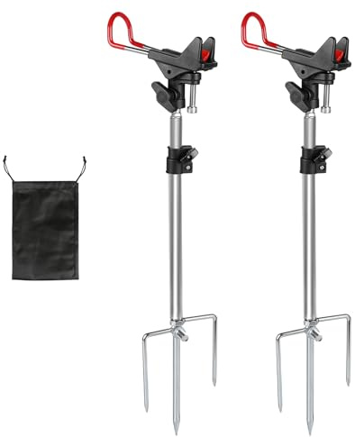 EXLECO 2er Edelstahl Rutenhalter Angel 46-92cm mit 3 Flachlegbar Erdspitzen | 360° Verstellbar Angelrutenhalter Abnehmbar, Universal Ruten Ständer mit Aufbewahrungsbeutel, Höhenverstellbar Angelständer