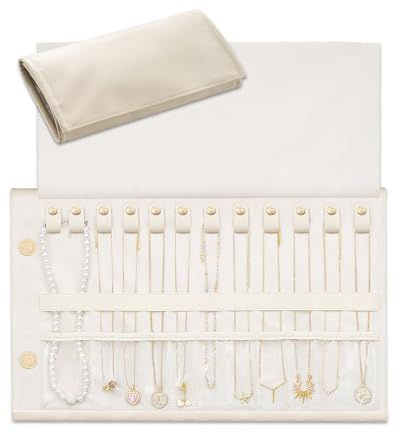Lolalet Organizzatore da Viaggio per Collane, Custodia Anti-Groviglio | Borsa da Gioielleria in Pelle Pieghevole Arrotolabile per Collane, Catene e Bracciali,per la Festa della Mamma -Bianco crema