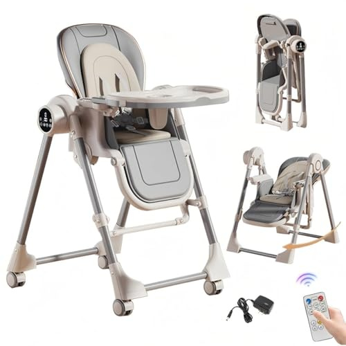 Aveainelle PU-Leder Faltbarer Baby hochstuhl mit Schaukelfunktion, 5 Höhen 3 Liegepositionen, Umwandelbarer kinderhochstuhl mit Abnehmbaren Doppeltabletts und Rädern für Kleinkinder (Grau)