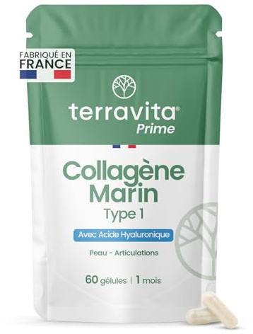 COLLAGÈNE MARIN + Acide Hyaluronique | Hydratation de la Peau et Soutien des Articulations | Riche en Tripeptides | Avec Vitamine C | 60 Gélules | 1 Mois de Cure | Fabriqué en France | Terravita Prime