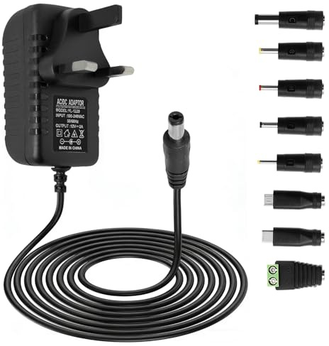 12V 2A Power Supply AC Adapter with 8 DC Plug Tips, Universal AC to DC Converter for LED Strip Lights, CCTV Camera, Router, TV Box and Other 12V Devices, 24W Max Output