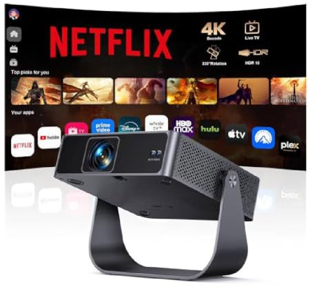 Smart Projector [Compatible with Netflix/Disney/Live TV & 330° Rotatable] Mini Portable Projector 4K Auto Focus& 6D Keystone, PUTRIMS 1080p Projectors 30000Lumen WiFi Bluetooth for Home Outdoor Garden