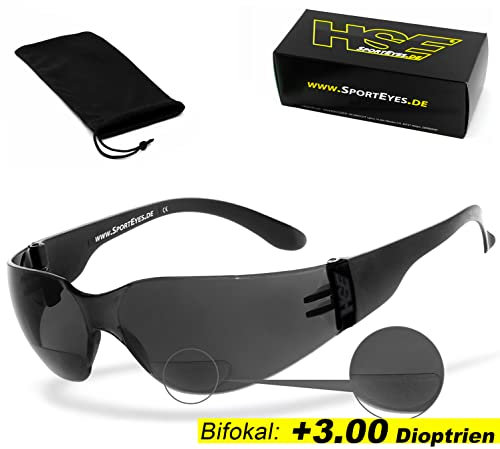 HSE® SportEyes® | BIFOKAL Brille: +3,00 DIOPTRIEN | Sportbrille mit Lesehilfe | UV400 Schutzfilter, HLT® Kunststoff-Sicherheitsglas nach DIN EN 166 | Sportbrille, Fahrradbrille, Bikerbrille