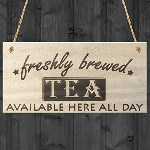 Red Ocean Freshly Brewed Tea Here All Day Hanging Wooden Sign Shop Cafe Plaque