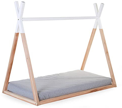 Childhome Kinderbett Tipi Hütte aus Buchenholz, robuste Struktur aus Holz; einfach zu montieren; Einzelbett; 70 x 140 cm; Farbe: Natur; Weiß
