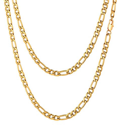 FOCALOOK Herren Halskette Edelstahl 5mm massiv 3+1 Figarokette Halskette Männer Jungen 50cm/20 Gliederkette Punk Hip Hop Rapper Halsschmuck goldfarben