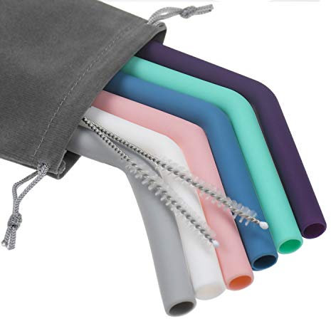 Senneny Set of 6 Silicone Drinking Straws for 30oz and 20oz Tumblers Yeti/Rtic- Reusable Silicone Straws BPA Free Extra Long with Cleaning Brushes- 6 Bent- 8mm diameter