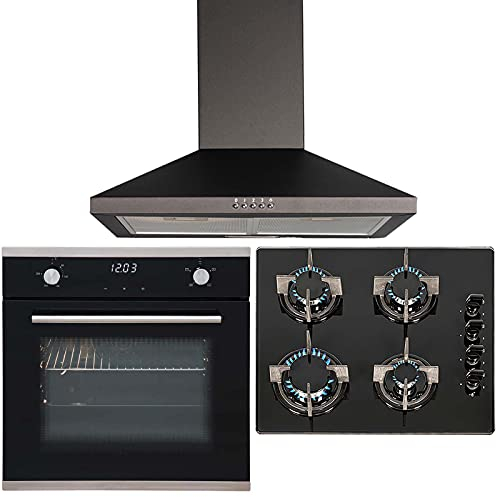 SIA 60cm Black Touch Control Single Fan Oven, 4 Burner Gas Hob & Chimney Hood
