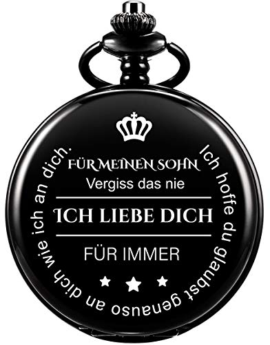ManChDa Taschenuhr mit Gravur Kette Herren Geschenk von Einem Vater/Einer Mutter zu Einem Sohn Geschenk Quarz Taschenuhr Schwarz
