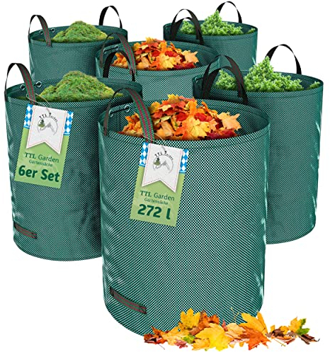 TTL Garden 6x 272L Gartensack - DOPPELTER BODEN extra stabil selbststehend 4 Griffe 150gsm groß robust & faltbar - 6er Set 272 Liter Garten Sack Laubsack Abfallsack für Gras Laub Hecke Gartenabfall