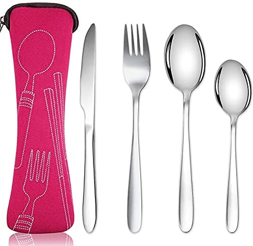 Acehome Cutlery Set with Portable Pouch Case, Stainless Steel Flatware Camping Utensil Set with Neoprene Bag for Outdoor Travel Picnic Office School Lunch Box (4 Pcs Rose Red)