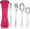 Acehome Cutlery Set with Portable Pouch Case, Stainless Steel Flatware Camping Utensil Set with Neoprene Bag for Outdoor Travel Picnic Office School Lunch Box (4 Pcs Rose Red)