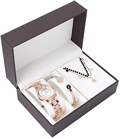 YUYTE Damen Armbanduhr Armband Schmuck Set, Damen Schmuckset Uhrenarmband Halskette, Rose Gold und Gold für Frauen Mädchen Quarzuhr für Weihnachten Bracelet Jewelry Set