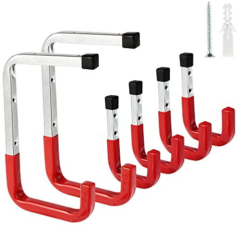 Sinoer Wall Ceiling Mounted Garage Storage Hooks, Heavy Duty Large Utility Hangers Organizer Metal Hook forGarden Tools, Ladders,Bikes,Chairs, Hose and Bulky Items(6Pack, Red)