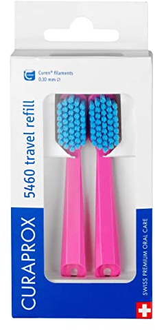 Curaprox CS 5460 Travel Refill, 2-Pack, Pink - Blue, Made in Switzerland | Toothbrush Heads – For Travel Set , Ultra-Gentle Plaque Removal