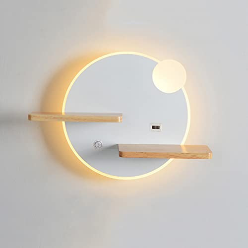 HKLY Applique Murale LED Intérieur avec Port USB et Interrupteur, Lampe Murale Chambre Hôtel 11W Lampe de Chevet Metal Moderne avec Étagère en Bois, Lampe de Lecture 3000K Blanc Chaud Veilleuse (B3)